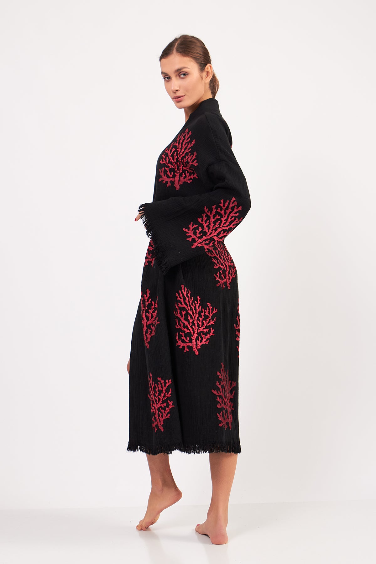 Turkish Towel Kimono Bathrobe Coral Design Black