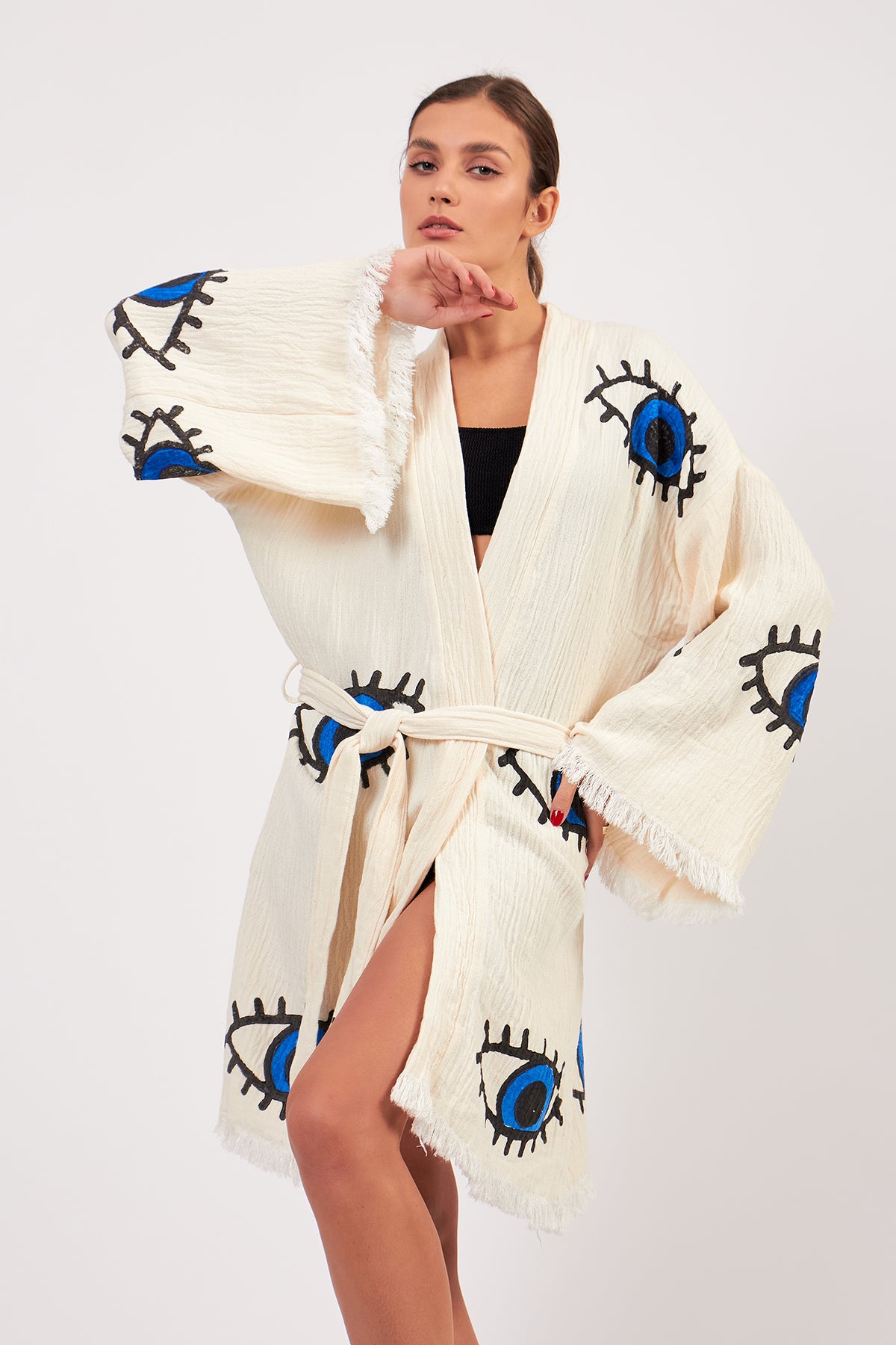 Turkish Towel Kimono Bathrobe Evil Eye Design Ecru