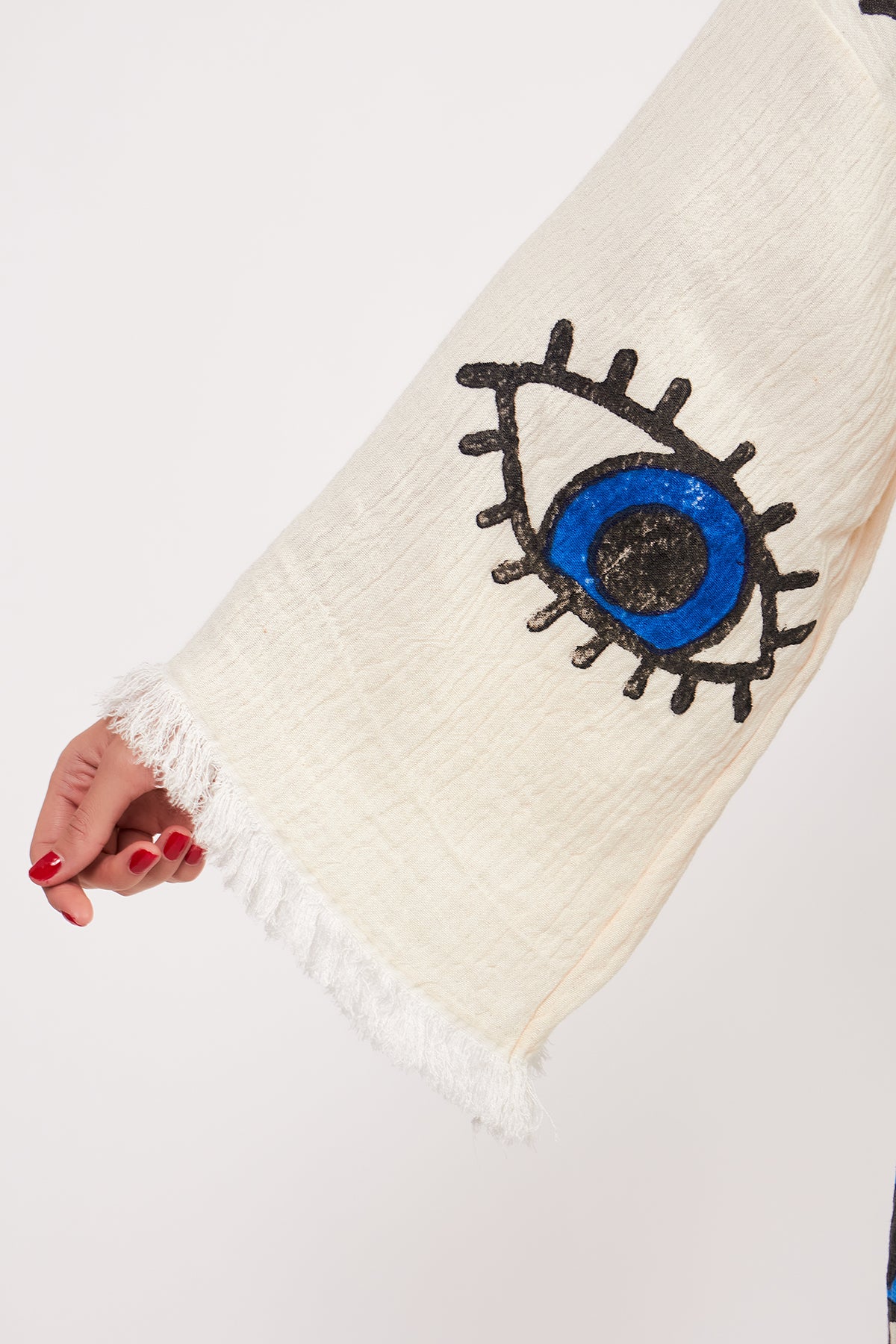 Turkish Towel Kimono Bathrobe Evil Eye Design Ecru