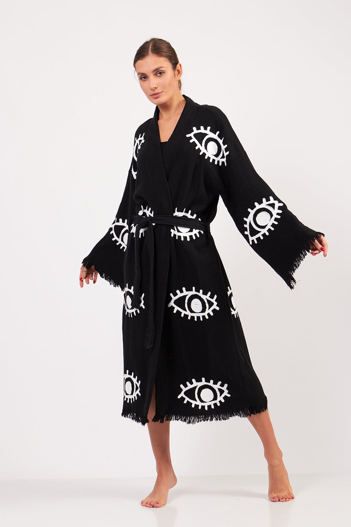 Turkish Towel Kimono Bathrobe Eye Design Black