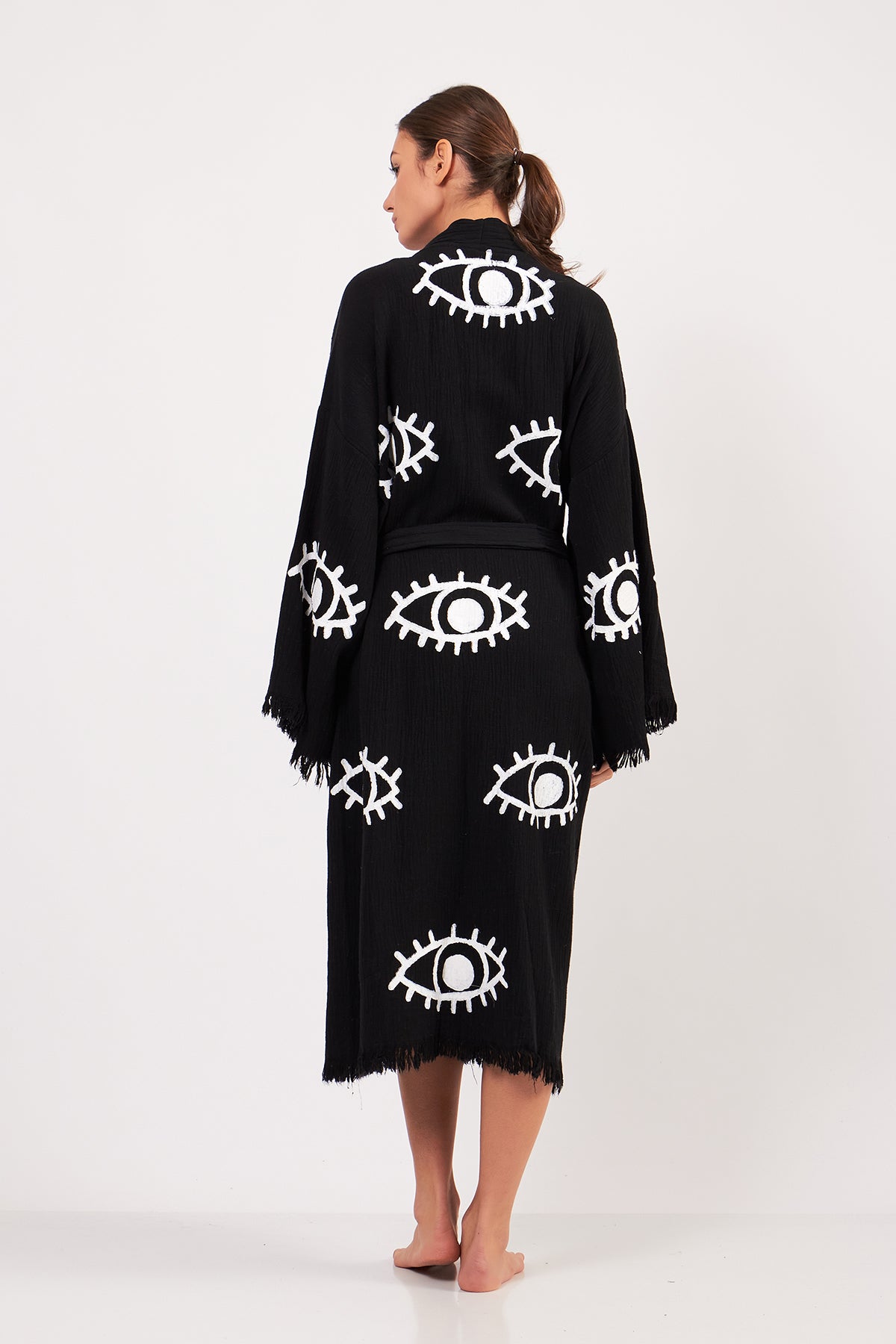 Turkish Towel Kimono Bathrobe Eye Design Black