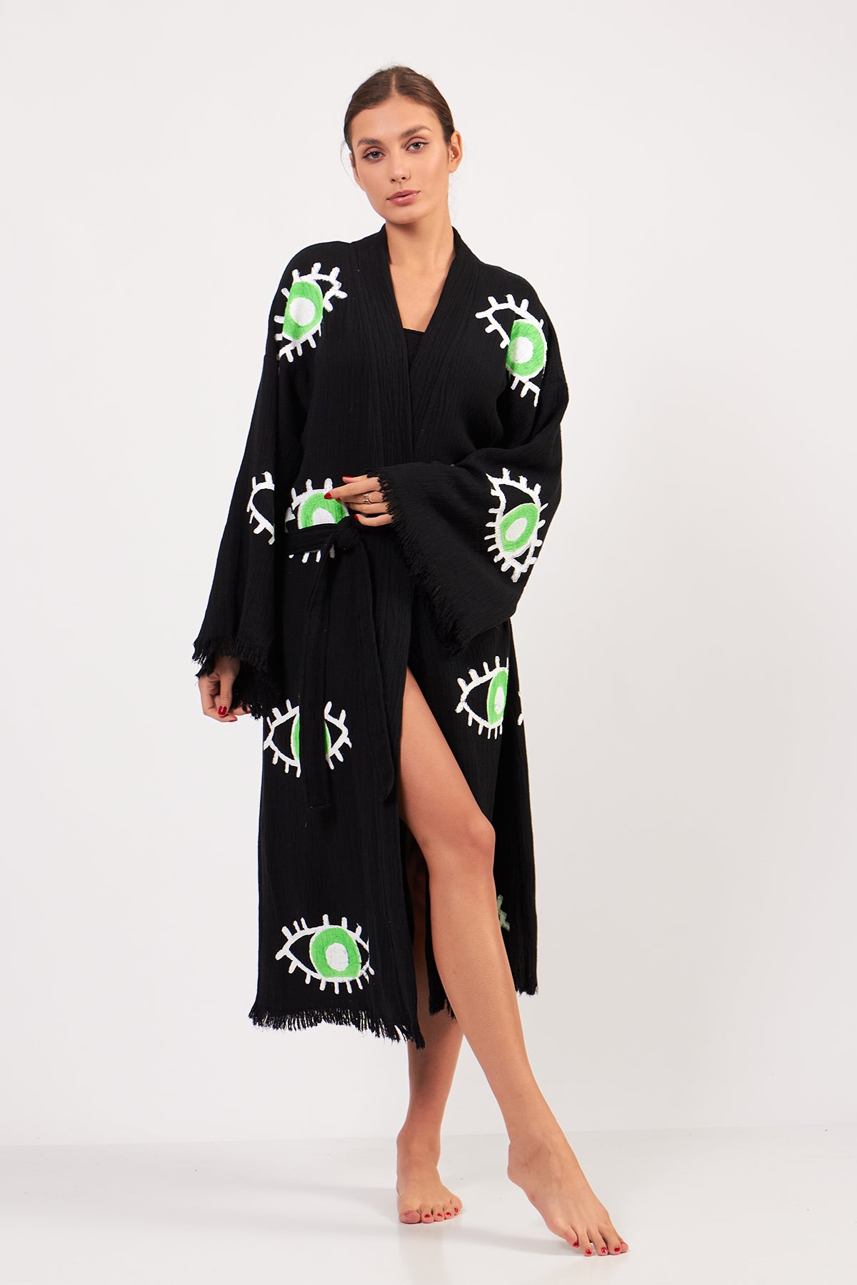 Turkish Towel Kimono Bathrobe Eye Design Green on Black