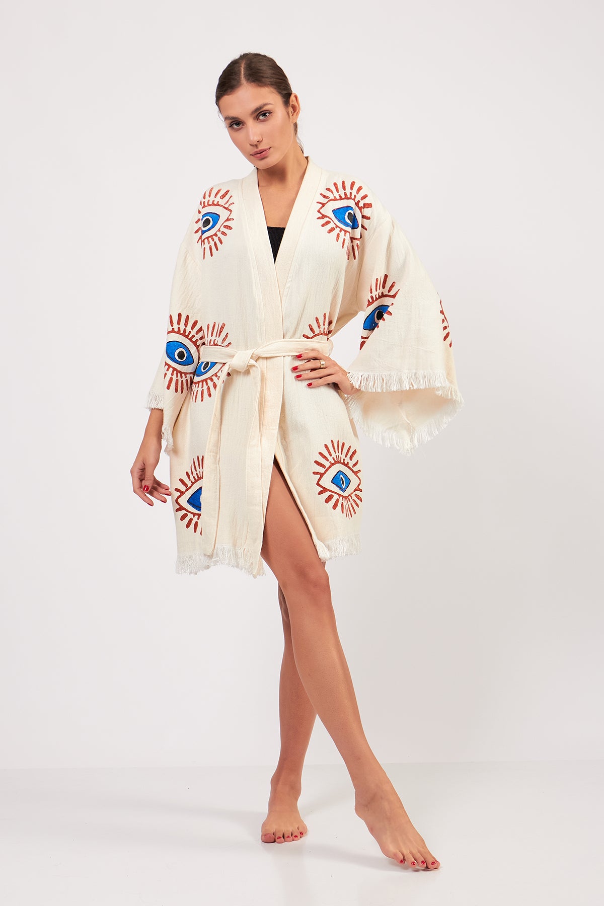 Turkish Towel Kimono Bathrobe Eye Design Ecru