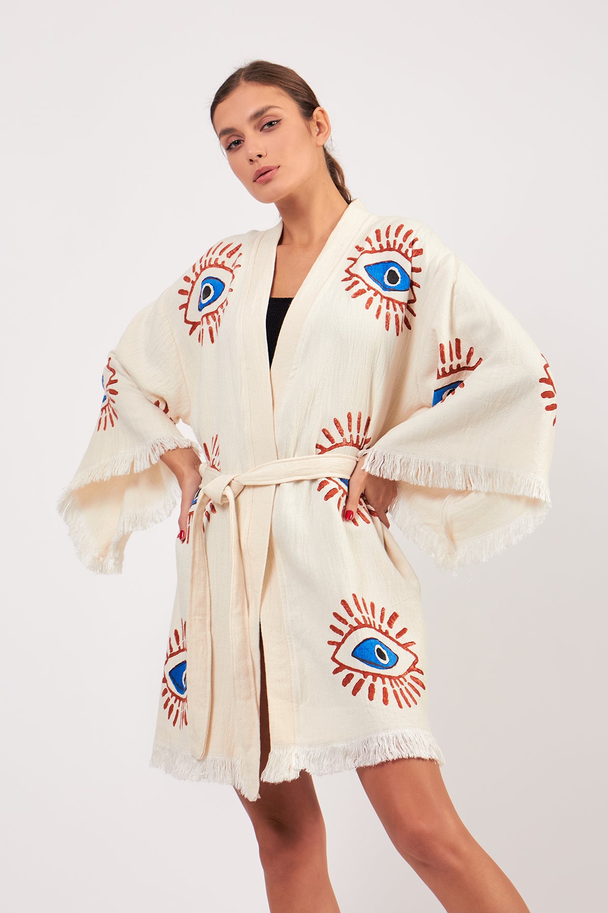 Turkish Towel Kimono Bathrobe Eye Design Ecru