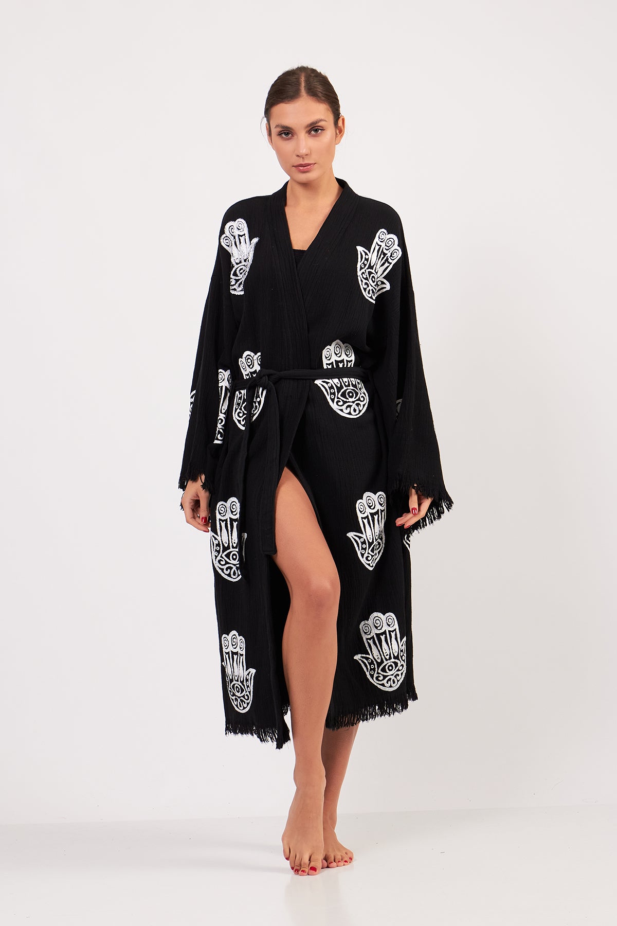 Turkish Towel Kimono Bathrobe Fatima Hand Design Black