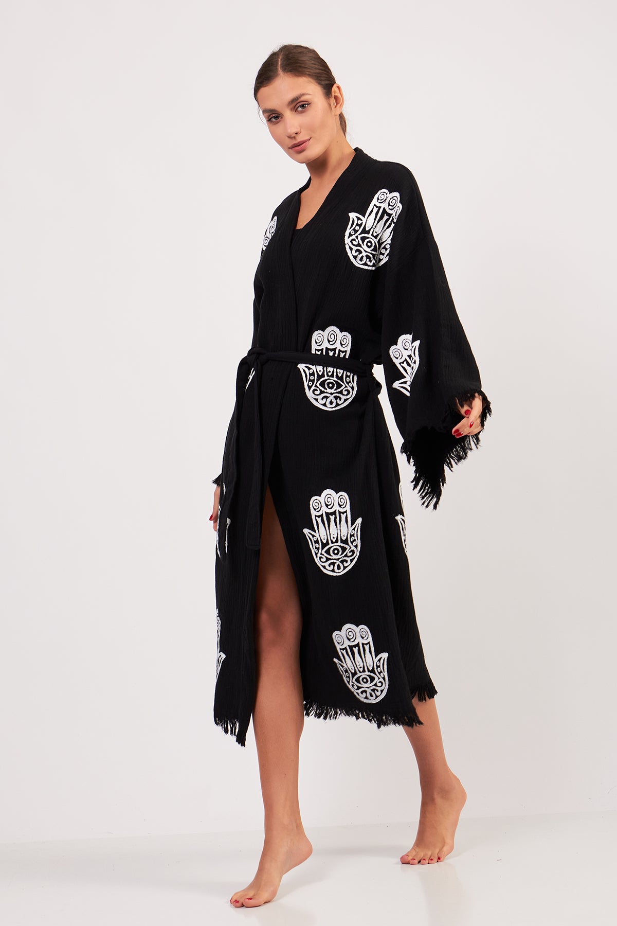 Turkish Towel Kimono Bathrobe Fatima Hand Design Black