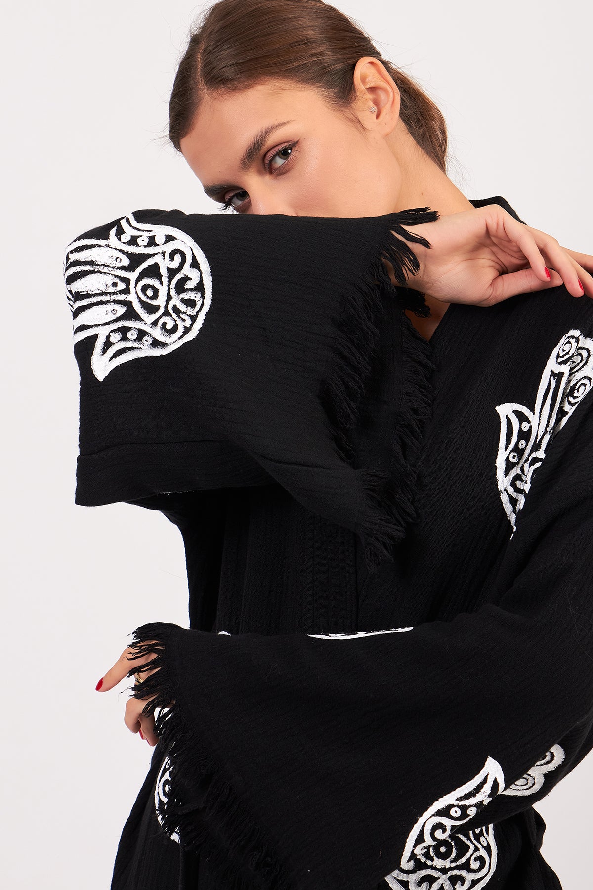Turkish Towel Kimono Bathrobe Fatima Hand Design Black