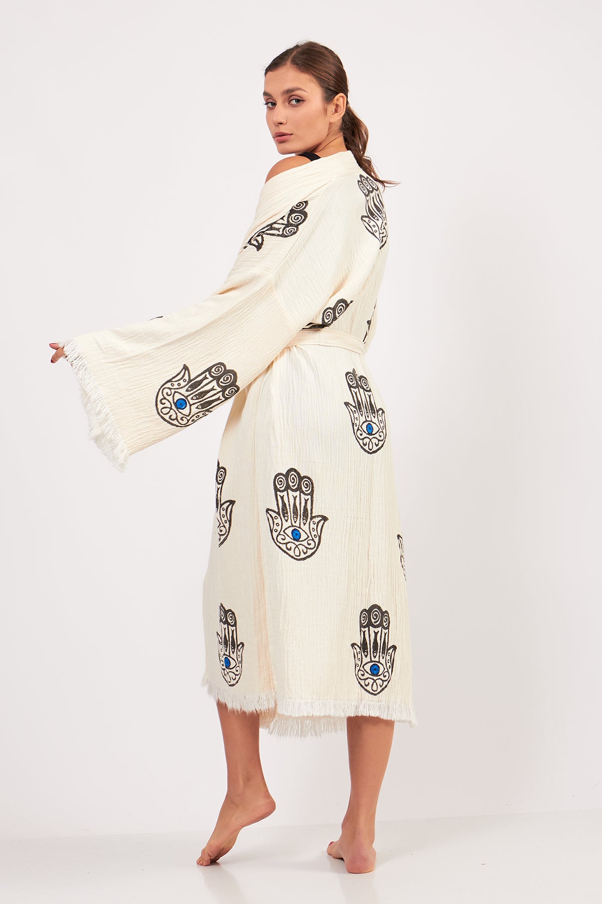 Turkish Towel Kimono Bathrobe Fatima Hand Design Natural