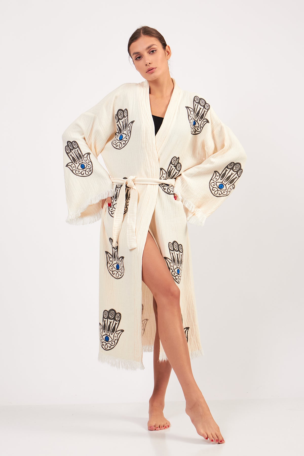 Turkish Towel Kimono Bathrobe Fatima Hand Design Natural