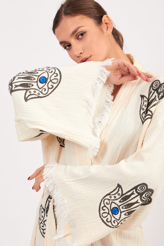 Hamsa Design Three-Layer Muslin Turkish Towel Kimono Robe