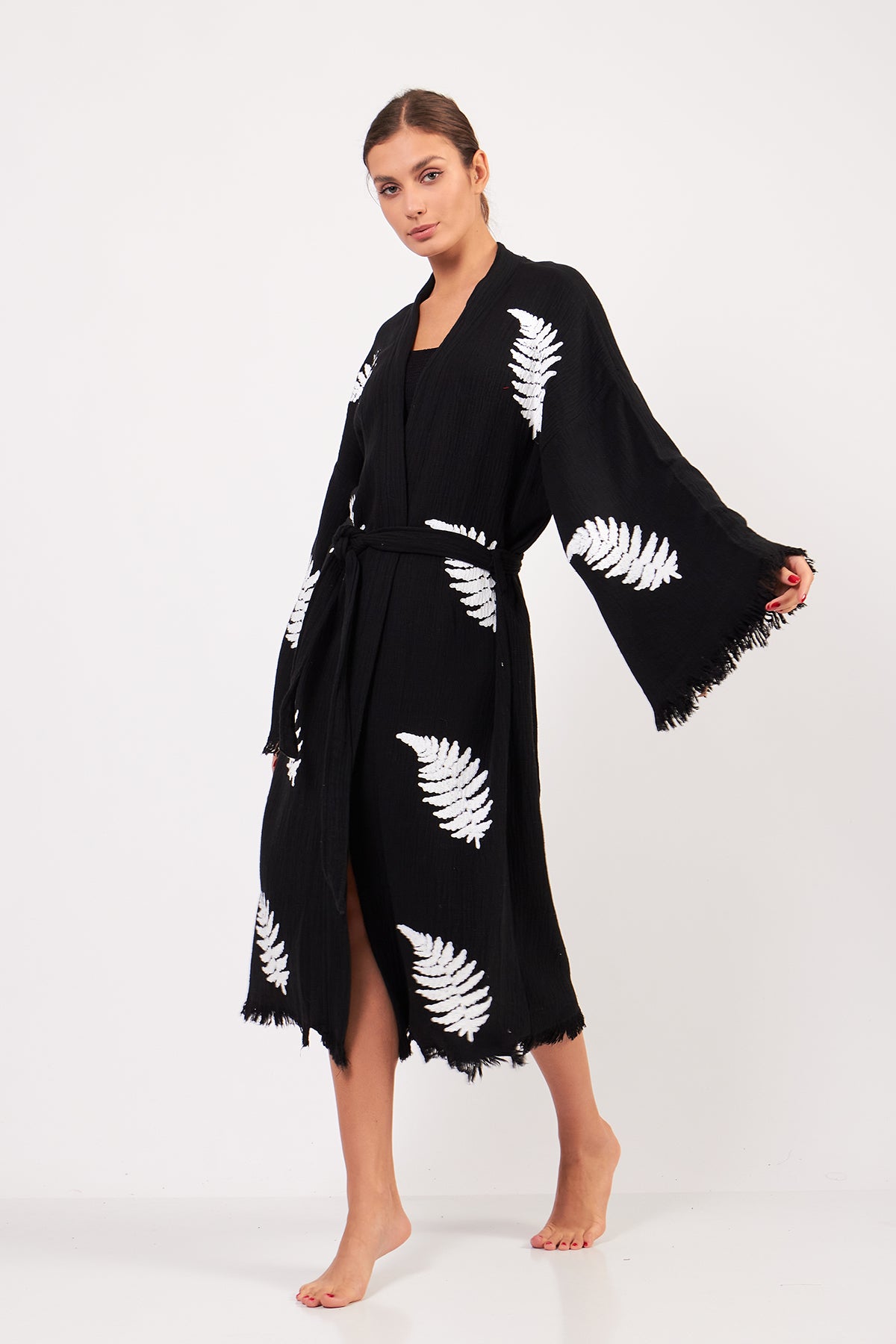 Turkish Towel Kimono Bathrobe Leaves Design Black