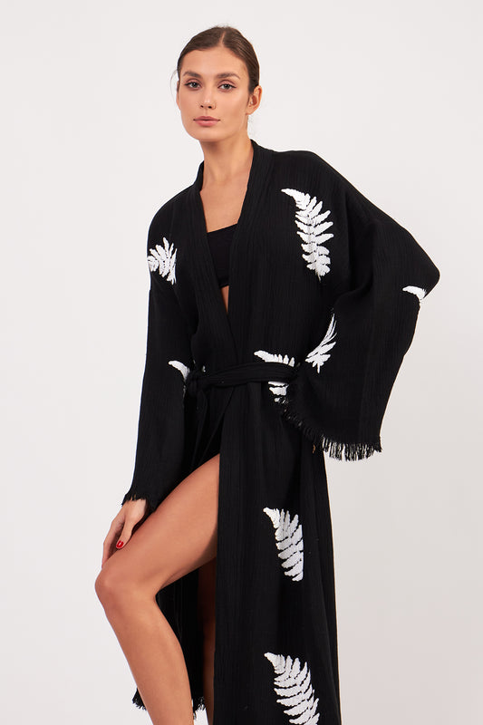 Turkish Towel Kimono Bathrobe Leaves Design Black