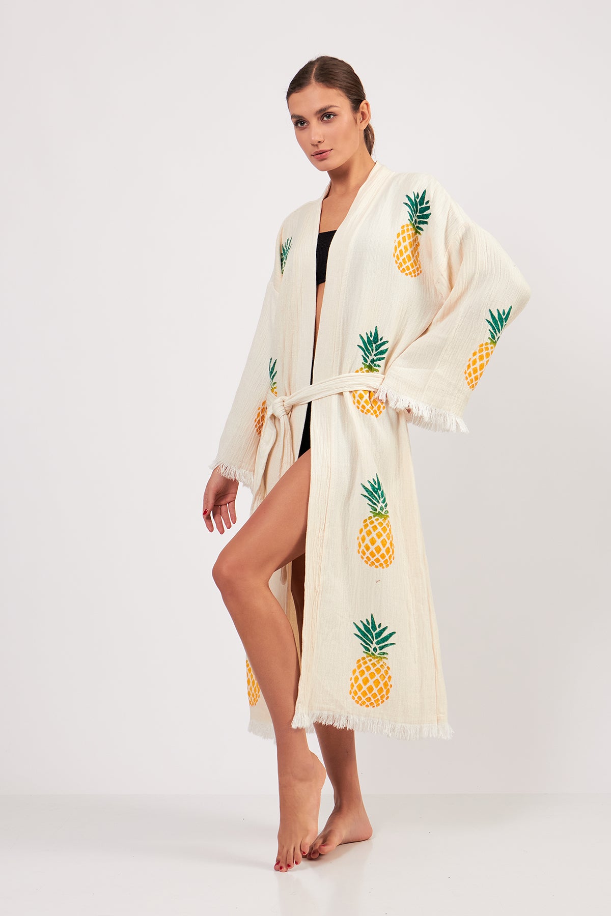 Turkish Towel Kimono Bathrobe Pineapple Design Ecru