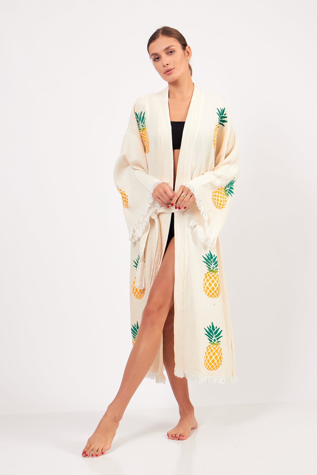 Turkish Towel Kimono Bathrobe Pineapple Design Ecru