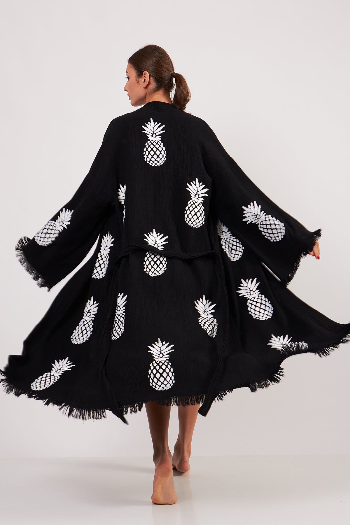 Turkish Towel Kimono Bathrobe Pineapple Design Black