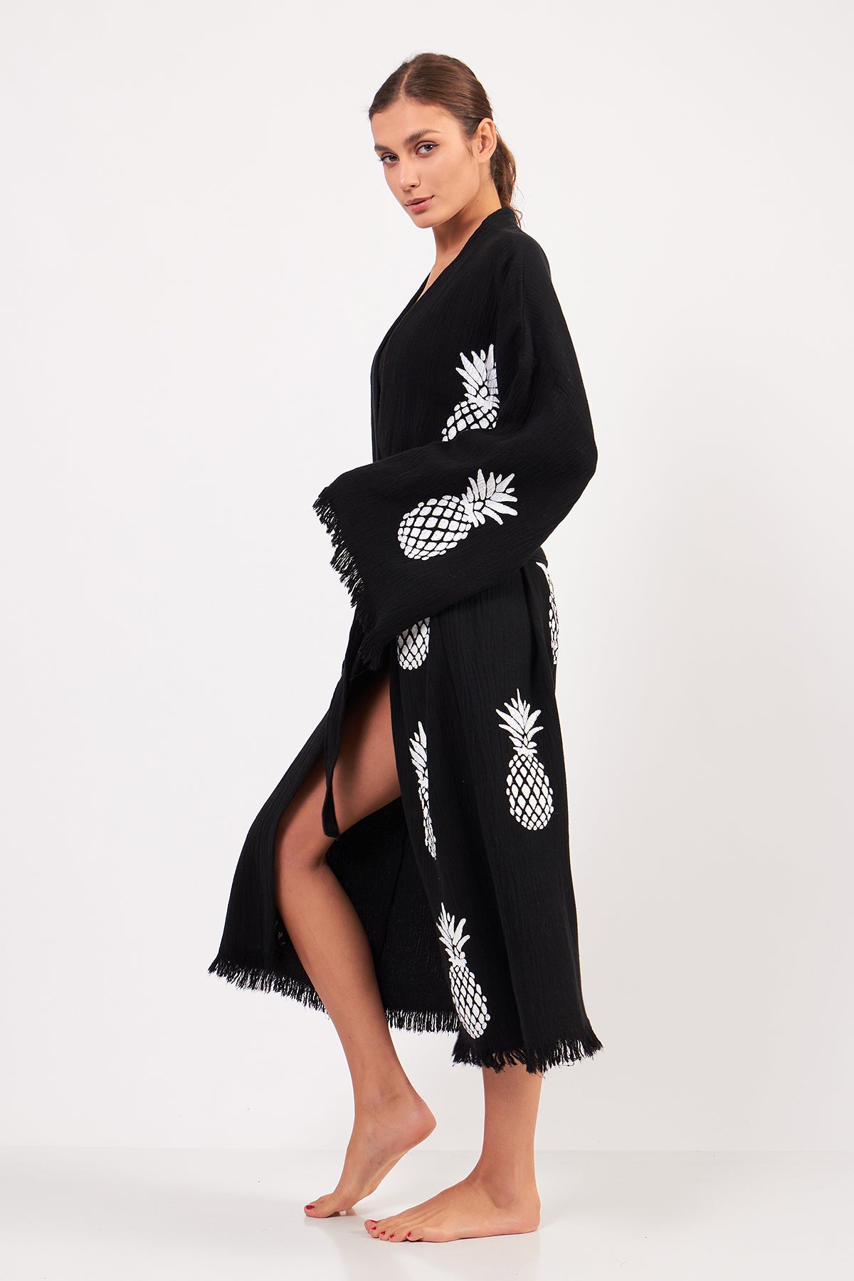 Turkish Towel Kimono Bathrobe Pineapple Design Black