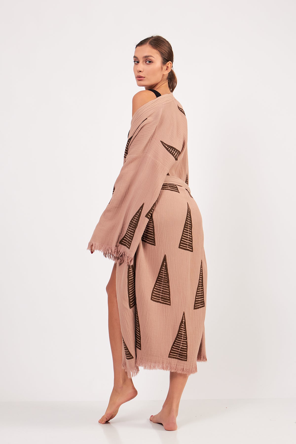 Turkish Towel Kimono Bathrobe Pyramid Design Brown
