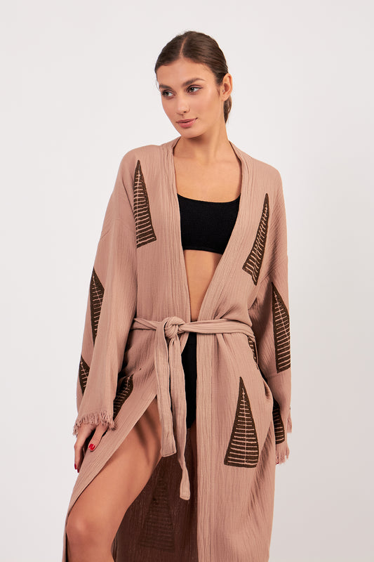 Turkish Towel Kimono Bathrobe Pyramid Design Brown