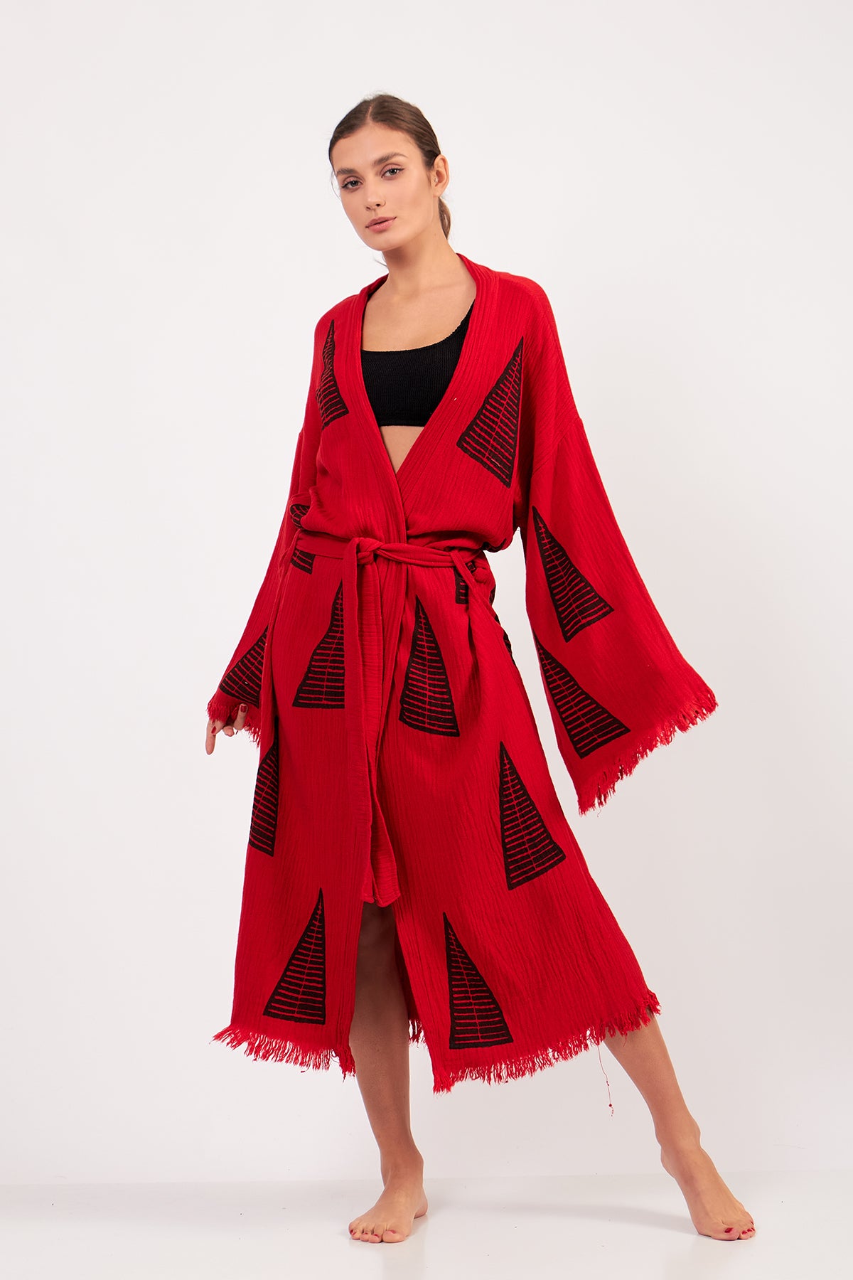 Turkish Towel Kimono Bathrobe Pyramid Design Red