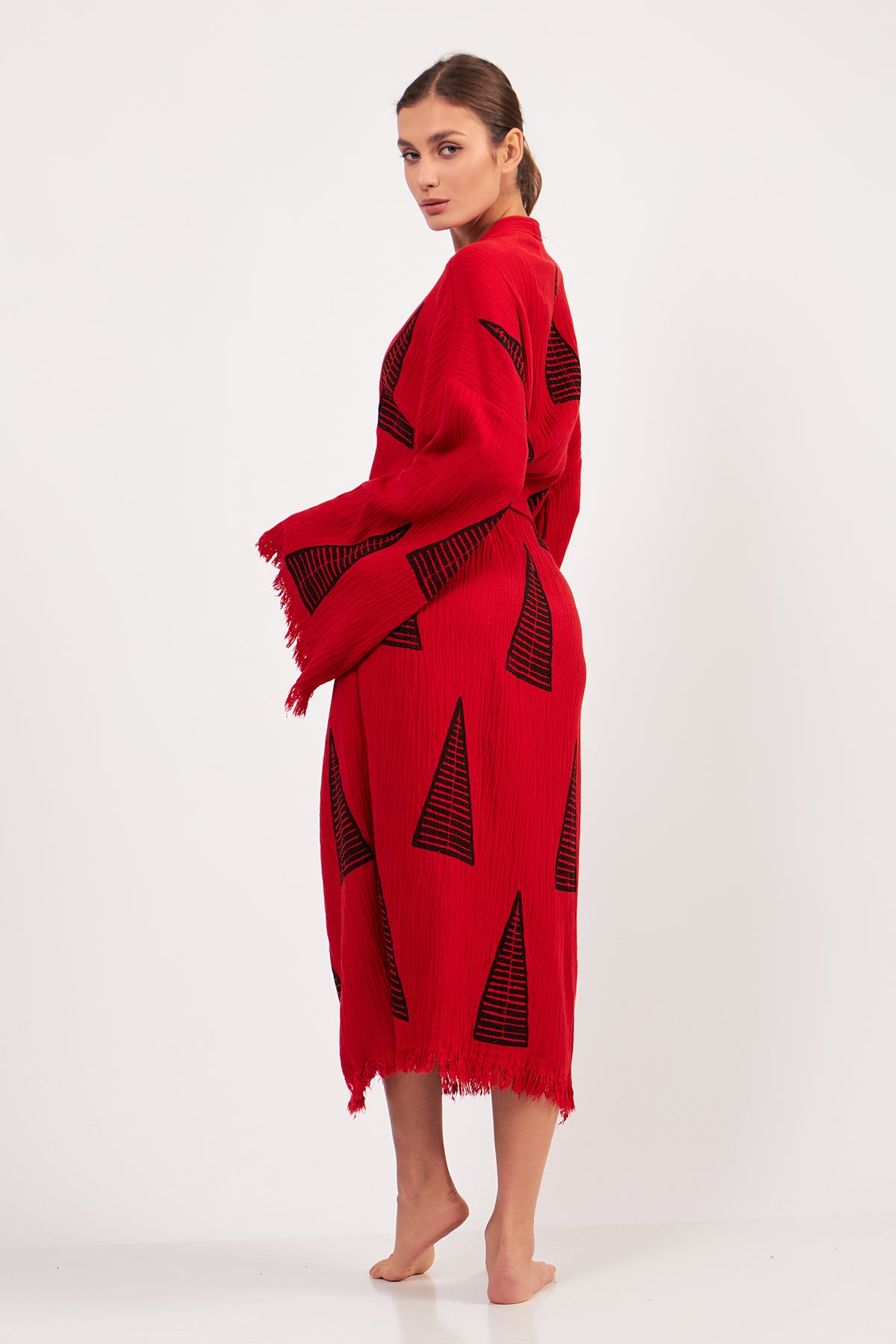 Turkish Towel Kimono Bathrobe Pyramid Design Red