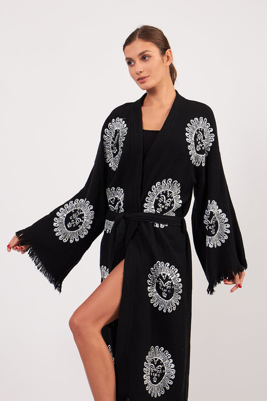 Turkish Towel Kimono Bathrobe Sun Design Black