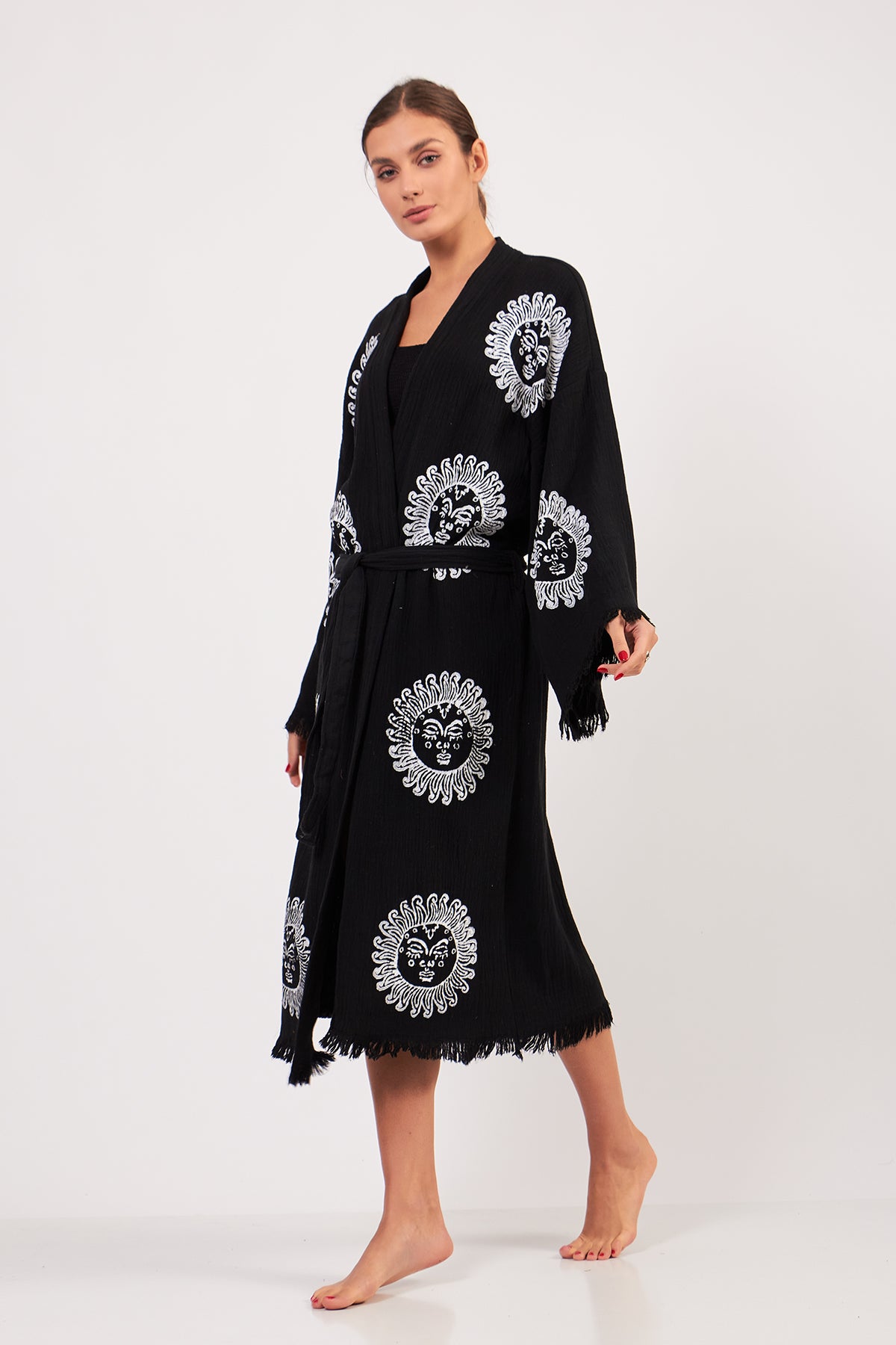 Turkish Towel Kimono Bathrobe Sun Design Black