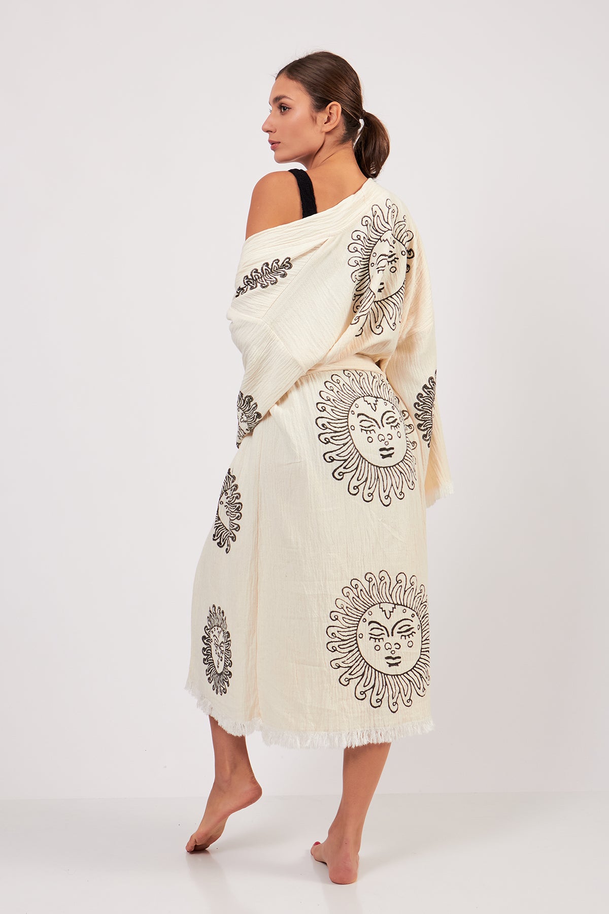 Turkish Towel Kimono Bathrobe Sun Design Black on Ecru