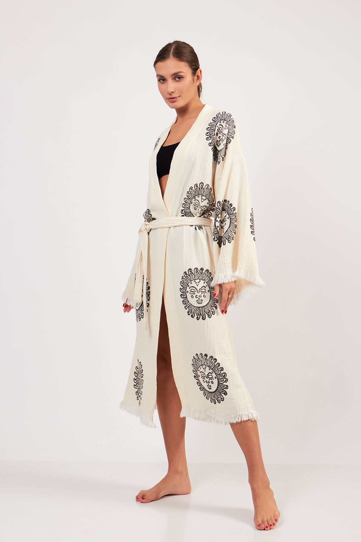 Turkish Towel Kimono Bathrobe Sun Design Black on Ecru