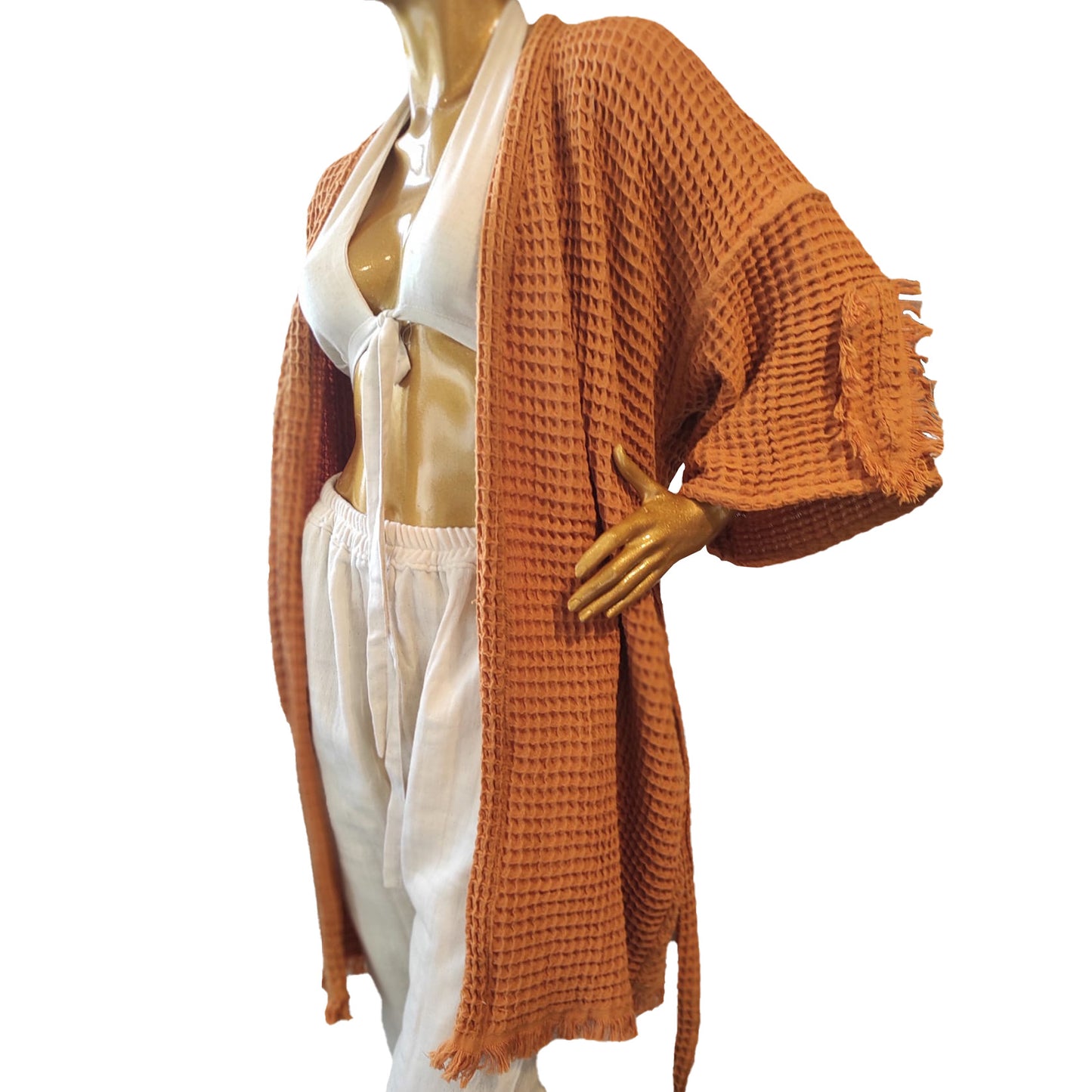 Hand-Woven Natural Cotton Waffle Design Turkish Towel Kimono